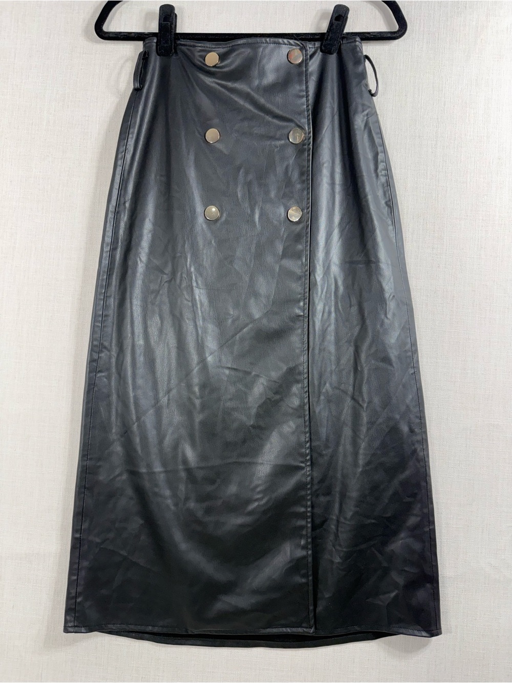 Zara Black Faux Leather Maxi Wrap Skirt with Gold-Tone Buttons ( No belt Inc